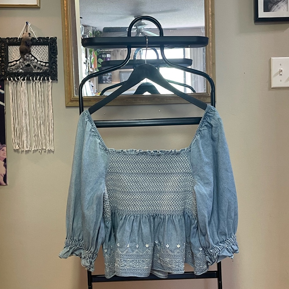 Chambray denim off shoulder peplum peasant blouse